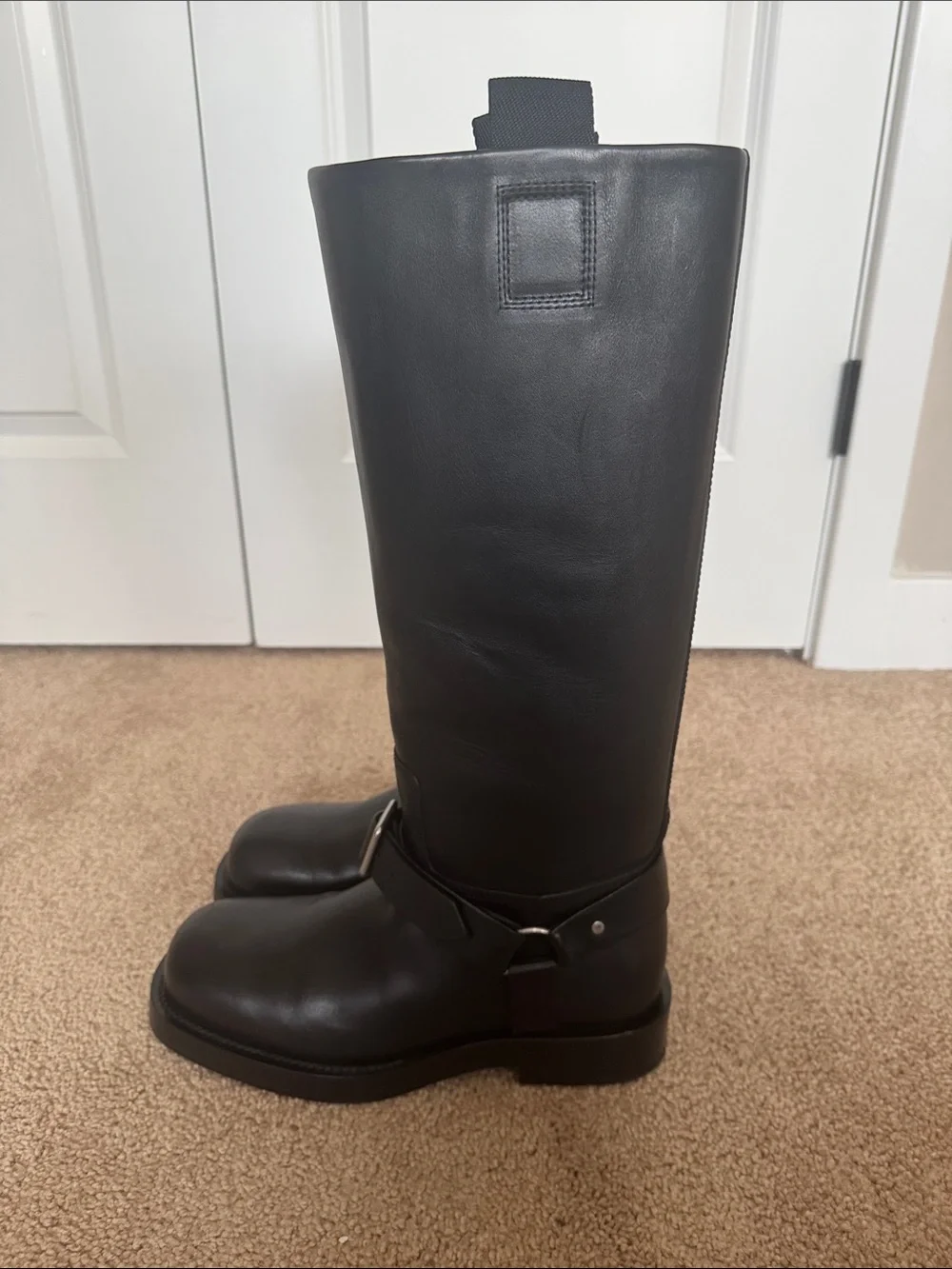 Burberry Black Leather Knee High Buckle Boots